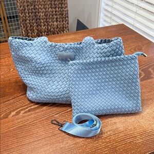 Elegant Sky Blue Woven Satchel Bag with Pouch